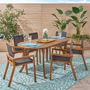 Christopher Knight Home Arletta Outdoor Mesh and Acacia Wood 7 Piece Dining Set - 1 of 4