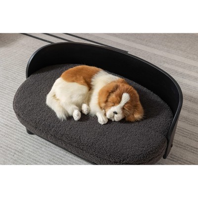 Gulches Scandinavian Style Small and Medium-sized Dogs Pet Sofa with Solid Wood Legs, Curved Black Wood Back, Velvet Cushion in Dark Gray