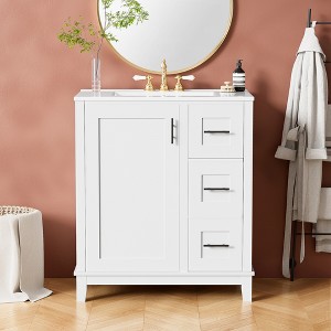 30" Modern Minimalist Bathroom Vanity with Ceramic Sink, Rubberwood Frame Cabinet with 3 Drawers & 1 Soft-Close Door - ModernLuxe - 1 of 4