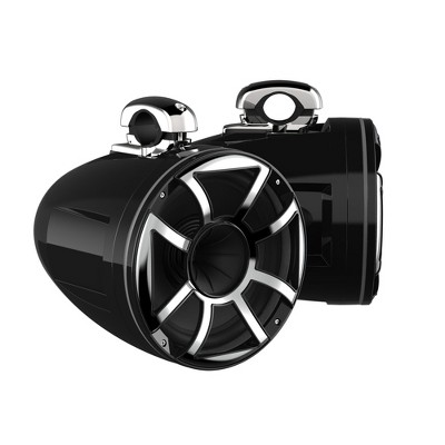 Wet Sounds REV 10 HD 10" Horn Loaded Compression Driver Tower Speakers with XS Grills & Mini Stainless Fixed Clamps, 300 Watts RMS, Black, Pair