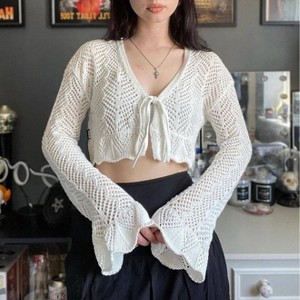 Women's Romantic Sheer Crochet Cardigan, Lace-Up Bell Sleeve