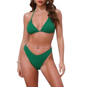 INSPIRE CHIC Women's Waffle Knit Textured Halter Bikini Sets, Triangle Bottom with Seashell Waist Rope Swimwear Suits 1 Set - 1 of 4