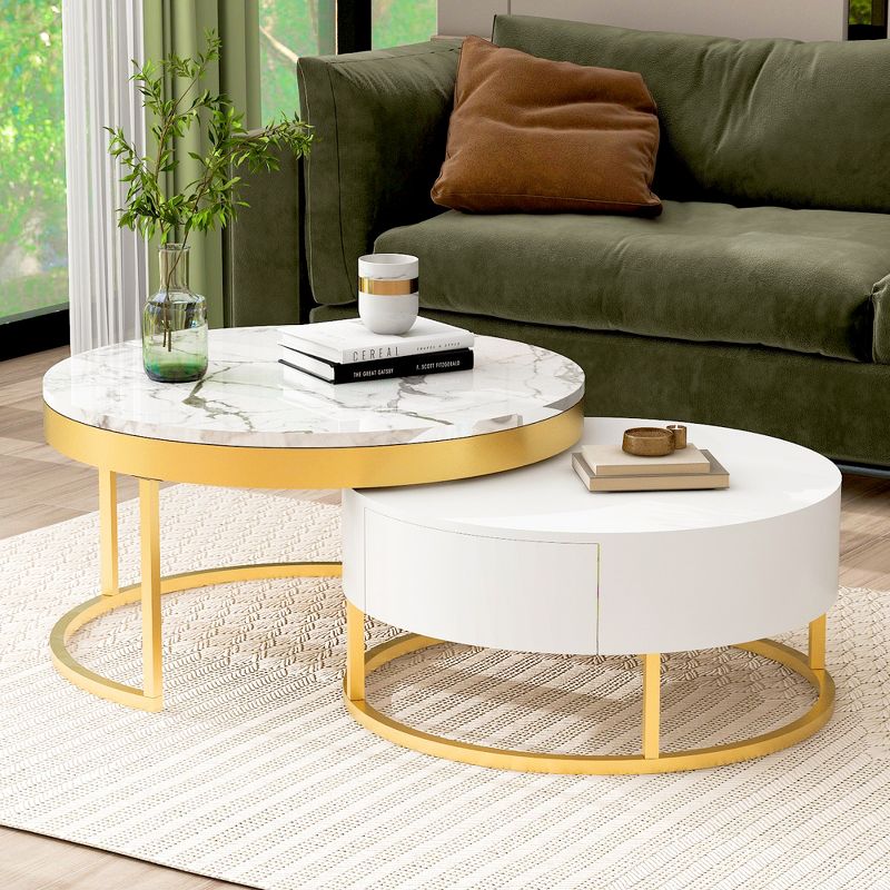 Modern Round Nesting Coffee Table, Cocktail Table with 2 Drawers, Golden+White-ModernLuxe, 3 of 16