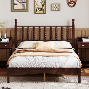 Full/King Size Wood Platform Bed with Gourd Headboard, Retro Style Bed Frame, No Box Spring Needed, Walnut - ModernLuxe - 1 of 4