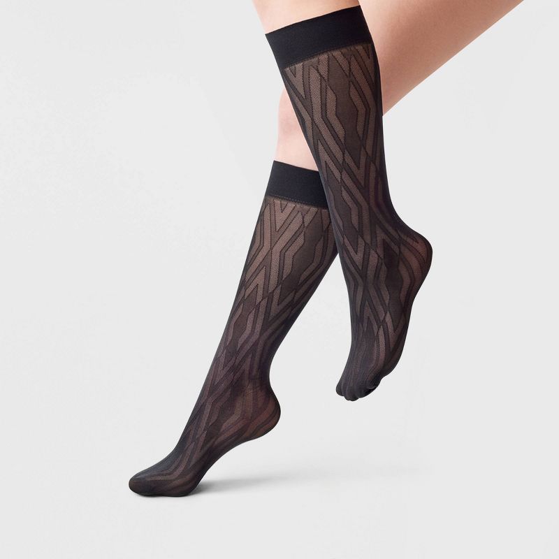 Women&#39;s Patterned Sheer Fashion Knee Highs - A New Day&#8482; Black One Size Fits Most, 1 of 3
