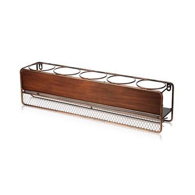 Brown Wood and Iron Wall Mounted Wine Shelf with Stemware Rack