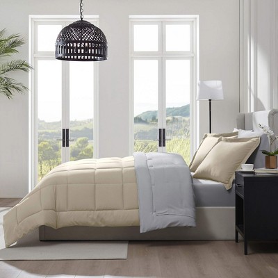 Full Beige and Gray Reversible Microfiber Bed in a Bag Set