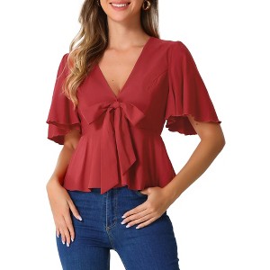 Allegra K Women's Peplum Ruffle Sleeve Bow Tie Decor Deep V Neck Tops - 1 of 4