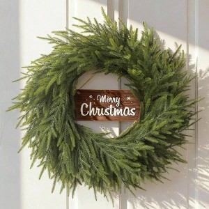 24 Inch Real Norfolk Pine Wreath with Welcome Wooden Sign Large Artificial Green Wreath for Front Door Outdoor Indoor Wall - 1 of 4