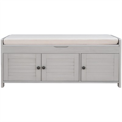 XINGHANZHENXUAN Rustic Storage Bench with 3 Shutter Doors, Hidden Compartment & Removable Cushion, Entryway Shoe Bench