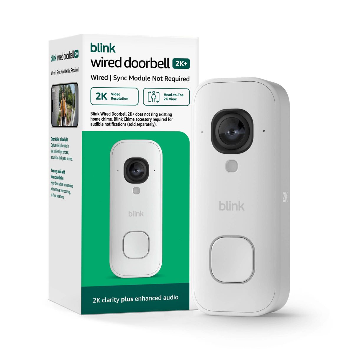 Blink Wired Doorbell 2K+ (White). Head to Toe 2K video doorbell, Continuous hardwired power
