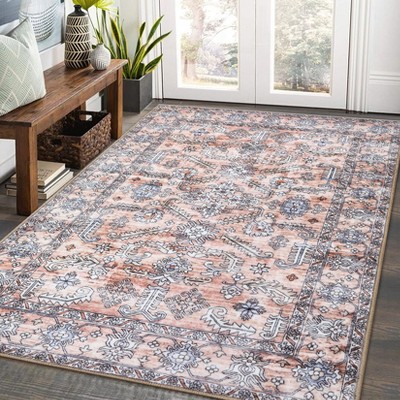 Machine Washable Vintage Distressed Floral Printed Area Rug Low Pile Stain Resistant Non Slip Non Shedding Indoor Mat