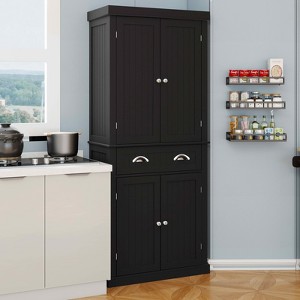 MAYEERTY Black 71" Freestanding Kitchen Pantry, 4 Doors 1 Drawer 2 Adjustable Shelves - 1 of 4