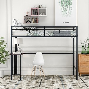 Gulches Twin Metal Loft Bed with Desk, Ladder and Guardrails, Loft Bed for Bedroom, Black - 1 of 4