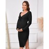 WhizMax Maternity Women's Ribbed Knit Adjustable Drawstring Halter Tie V Neck Long Sleeve Side Slit Midi Dress For Baby Shower - 2 of 4