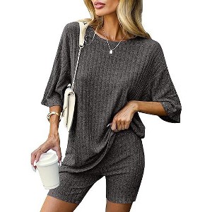 Ekouaer Pajamas 2 Piece Lounge Sets Ribbed Knit Matching Outfits T-shirt Biker Shorts Sleepwear Loungewear Sweatsuits - 1 of 4