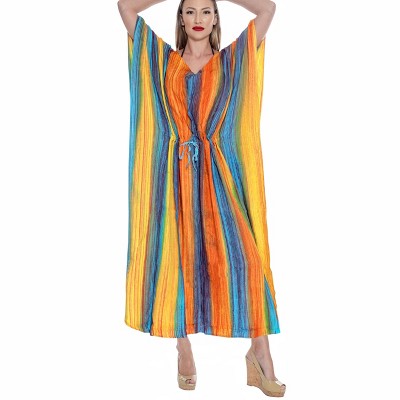 LA LEELA Women's House Daily Routine Evening Wear Vacation Holiday Casual Loungewear Relaxed Fit Caftan Maxi Night Shirts 2X-3X Orange, Tie Dye Design