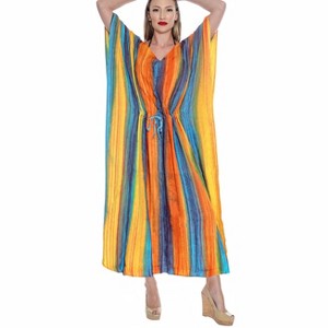 LA LEELA Women's House Daily Routine Evening Wear Vacation Holiday Casual Loungewear Relaxed Fit Caftan Maxi Night Shirts 2X-3X Orange, Tie Dye Design - 1 of 4