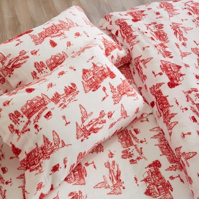 Full Red Snowtown Toile Print Velvet Plush Sheet Set