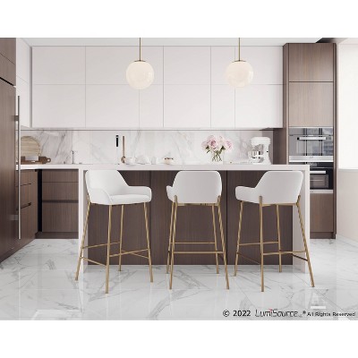 Contemporary Gold Metal and White Faux Leather Barstools, Set of 2