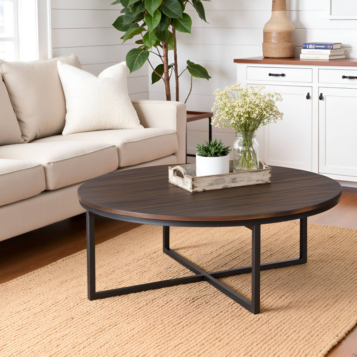 42" Arcadia Acacia Wood Round Coffee Table Dark Brown - Alaterre Furniture - thumbnail 6