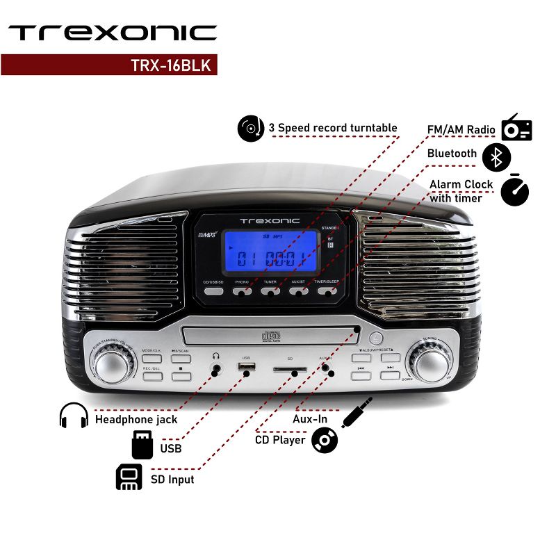 Trexonic Retro Wireless Bluetooth Record and CD Player in Black, 3 of 12