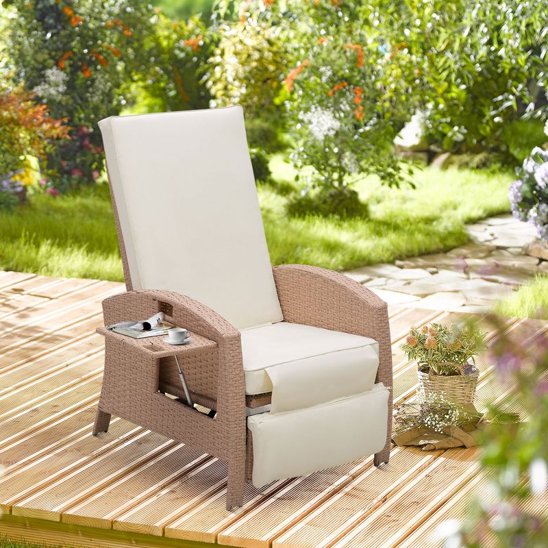 Outsunny Patio Recliner, Outdoor Reclining Chair with Flip-Up Side Table, All-Weather Wicker Metal Frame Chaise with Footrest, Cushions, 3 of 9