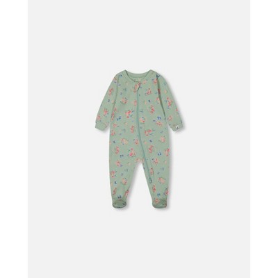 Deux par Deux Girl Printed Organic Cotton One-Piece Pajama Small Pink and Blue Flowers on Light Sage