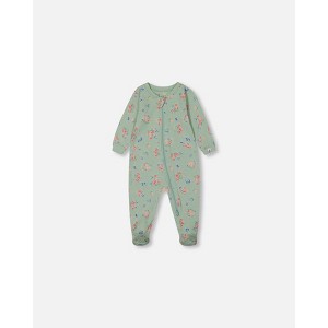 Deux par Deux Girl Printed Organic Cotton One-Piece Pajama Small Pink and Blue Flowers on Light Sage - 1 of 3