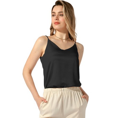 Allegra K Women's Satin V Neck Spaghetti Strap Summer Cami Tops Black Small