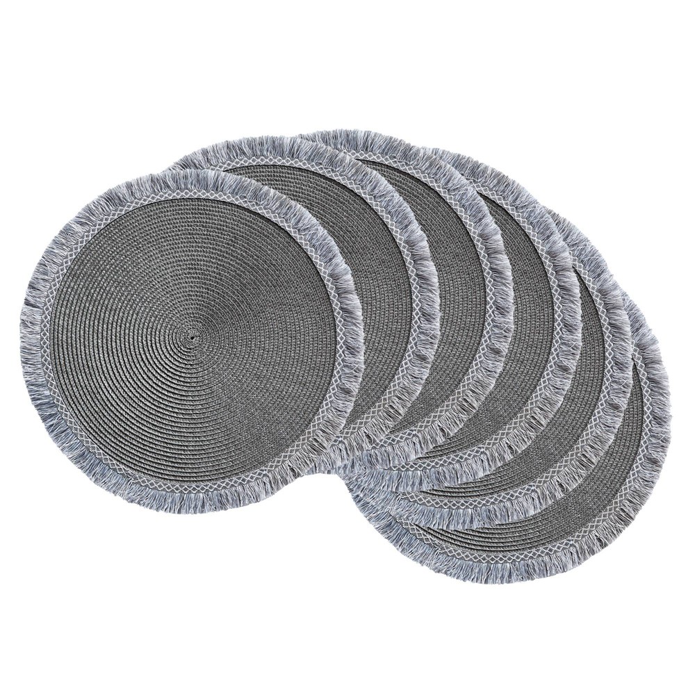 Design Imports 6pk Plastic Fringed Placemats Gray: Dining Table Decor, Round Solid Pattern, Spot Clean, 14.75"