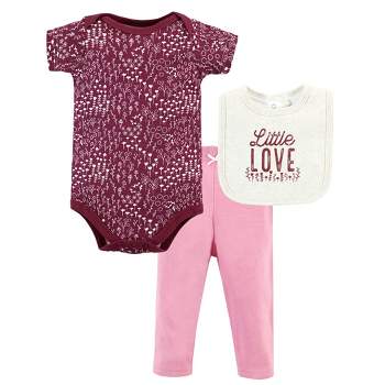 Hudson Baby Infant Girl Cotton Bodysuit, Pant and Bib Set, Little Love Flowers