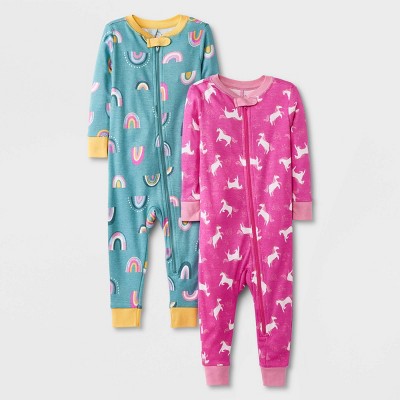Image of Baby Girls' 2pk Unicorn & Rainbow Pajama Romper - Cat & Jack™ Pink 24M