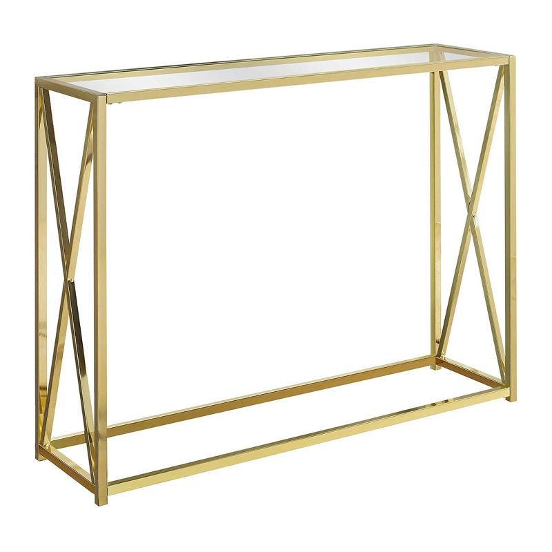 Monarch Specialties 42.25 Inch Modern Chic Glass Top Metal Frame Console Accent Table with Criss-Cross Legs for Living Rooms and Offices, Gold, 1 of 5