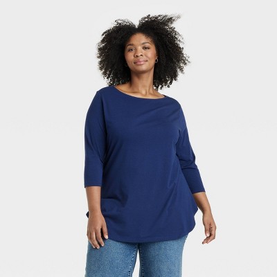 Women's Slim Fit 3/4 Sleeve Boat Neck T-Shirt - Ava & Viv™ Navy Blue 2X