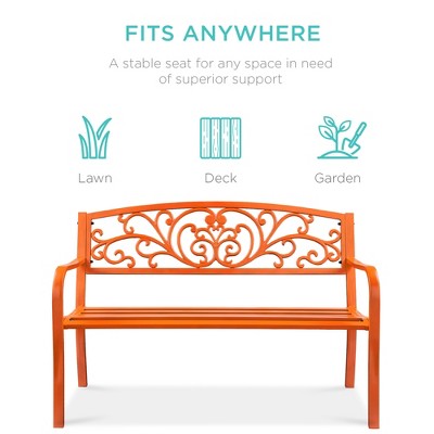 Carrot Orange Steel Outdoor Bench with Floral Backrest