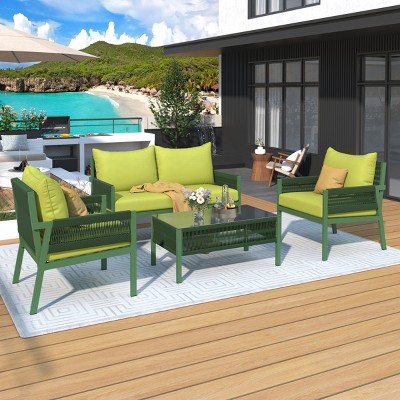 4-Piece Boho Woven Rope Patio Furniture Set,Metal Frame Backyard Seating Set,Cushion Outdoor Patio Conversation Set with Glass Table-Coolbibila