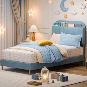 Bed Frame with Storage Headboard, Velvet Upholstered Platform Bed for Kids, Sturdy Wooden Slats, Noise-Free, Easy Assembly, No Box Spring Needed. - 1 of 4
