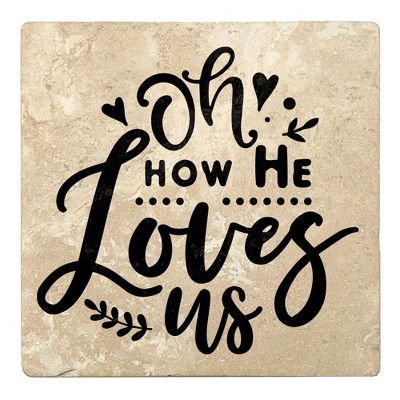 Christmas by Krebs Set of 4 Beige and Black "Oh HOW HE Loves Us" Square Coasters 4"