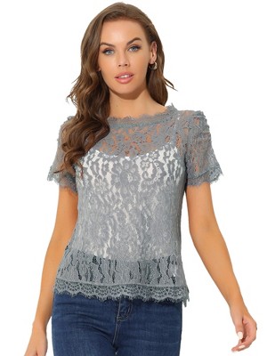 Allegra K Women's Lace Floral Scalloped Trim Short Sleeve Semi Sheer Top