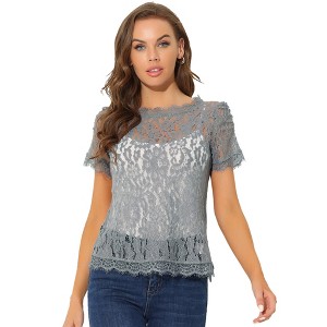 Allegra K Women's Lace Floral Scalloped Trim Short Sleeve Semi Sheer Top - 1 of 4