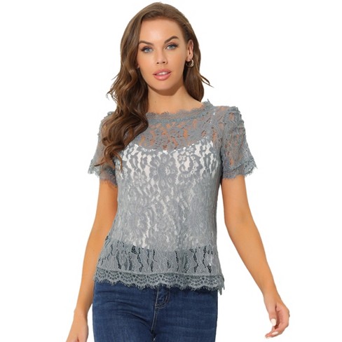 Women's Beautiful Sheer Scalloped Lace Short Sleeves Top