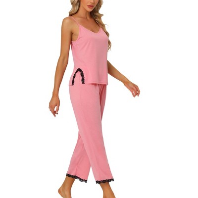 cheibear Women's Soft Cami Top and Capri Lace Trim Sleeveless Summer Pajama Set