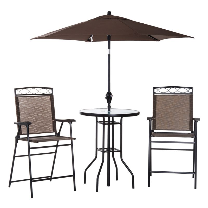 Outsunny 4 Piece Patio Bar Set for 2 with 6' Adjustable Tilt Umbrella, Outdoor Bistro Set with Folding Chairs & Glass Round Dining Table, 5 of 9