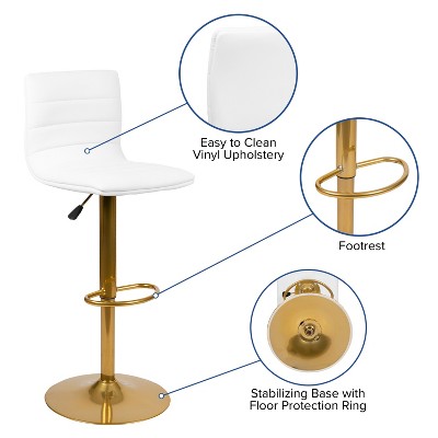 Modern White Vinyl Adjustable Swivel Bar Stools with Gold Base, Set of 2