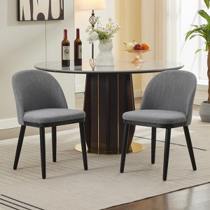 Set of 2 Upholstered Dining Chairs - Modern Fabric w/Thick Cushions & Wood Legs, Curved Backrest - Grey - 1 of 4