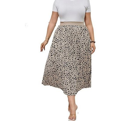 LXT- Women's Plus Size Elastic Waist Pleated Midi Skirt for Curvy Women with Pockets