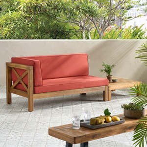GDFStudio Keith Outdoor Acacia Wood Left Arm Loveseat and Coffee Table Set with Cushion - 1 of 4