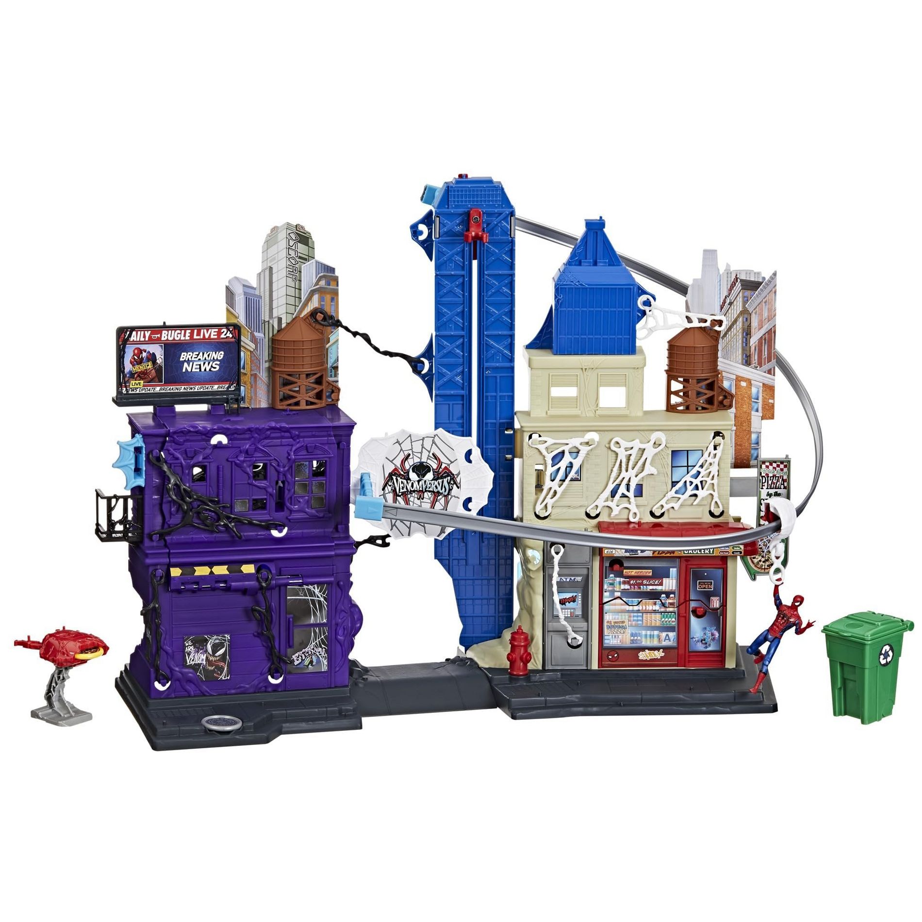 Marvel Spider-Man VenomVersus Web Slinging City Playset, 4" Figures, Launching Webs, Transforming Building & Battle Features, Kids Ages 4+