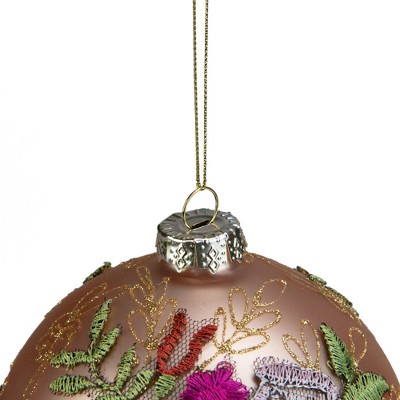 Pink Floral Applique Glass Ball Christmas Ornament with Gold Glitter